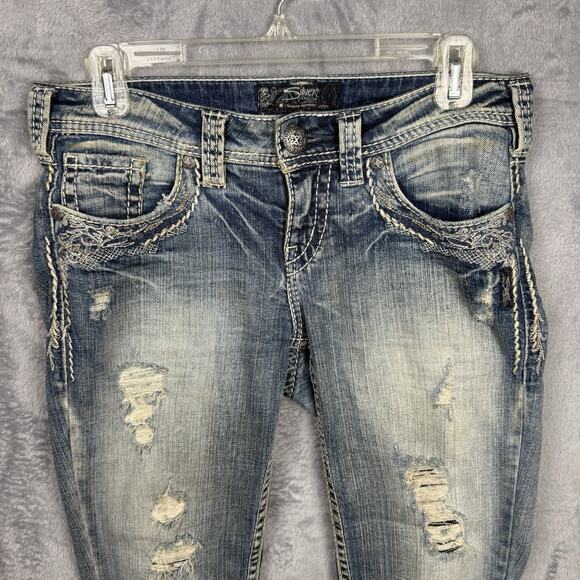 Silver Jeans Womens 27x33 Blue Mid Boot Aiko Western Glove Works Thick Stitch - Picture 1 of 8
